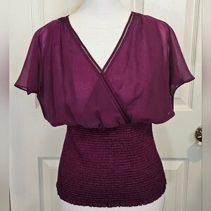 White House Black Market, purple, flutter sleeve, v-neck, sheer, blouse.  Size S